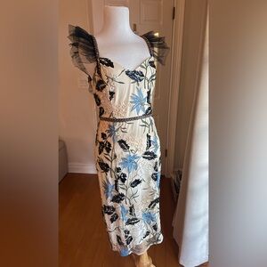 Lulus Show Stopper Cream Floral Embroidered Sequin Bodycon Midi Dress Large EUC